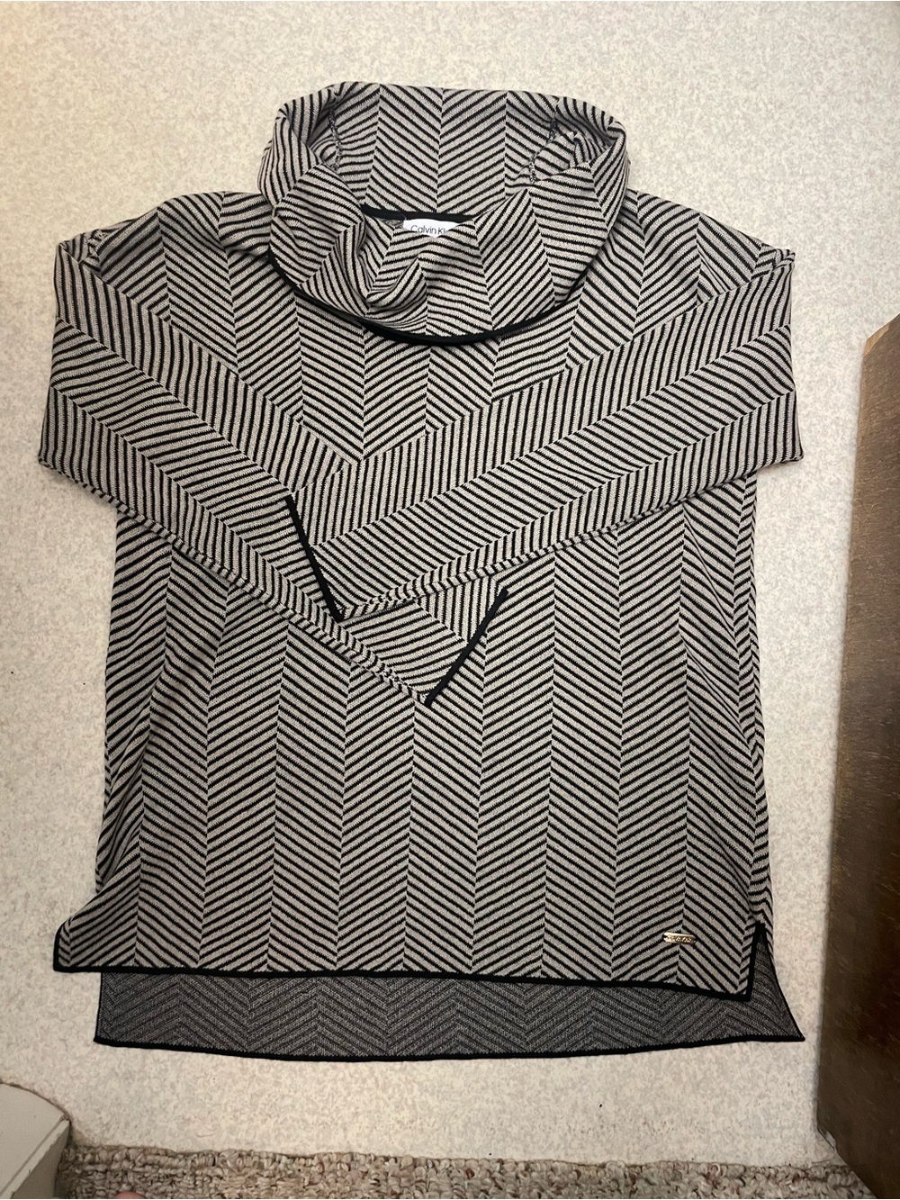 Calvin Klein Black and Cream Chevron Cowl Neck Long Sleeve Top